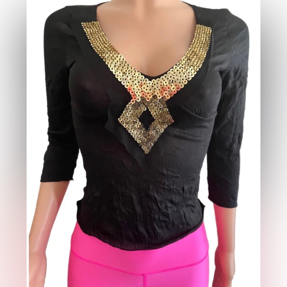 V2K Black Crinkled Gold Sequin Diamond Patch 3/4 Sleeved Cleavage Top Glam 2000